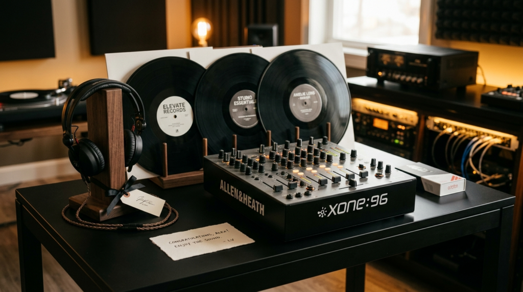 Luxury DJ equipment gift presentation scene, professional fo
