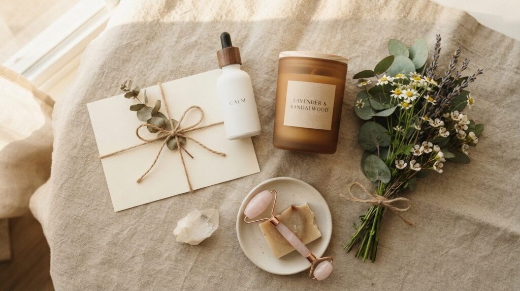 Close-up flat lay photography of premium wellness gift items