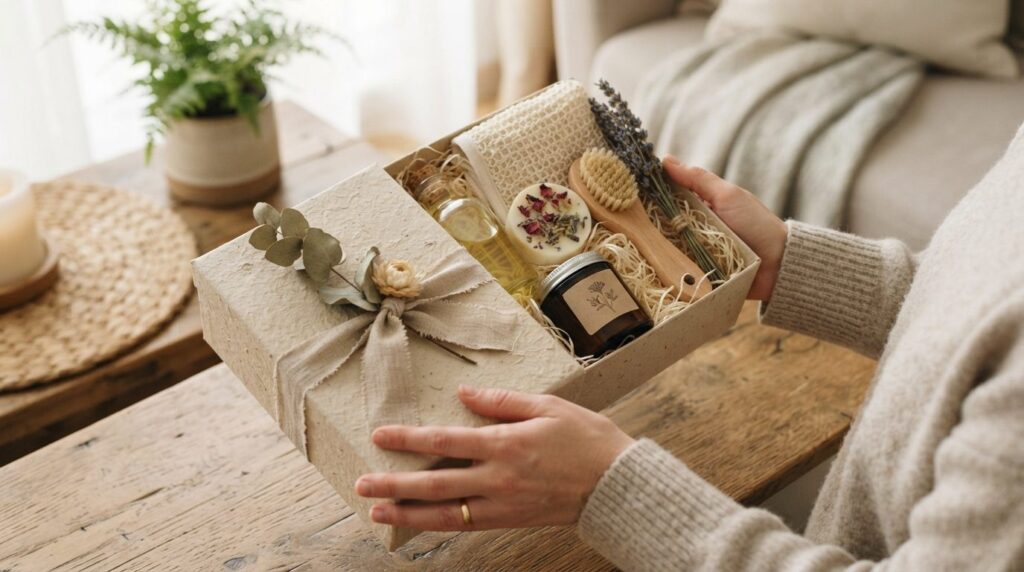 Overhead shot of a womans hands holding an elegant gift box
