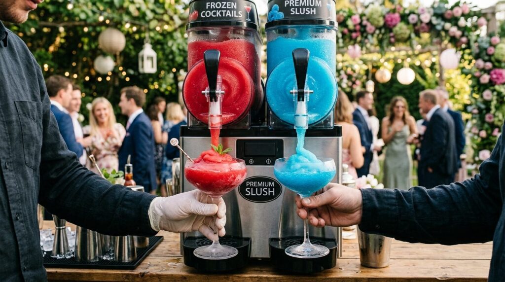Photorealistic close-up of a professional slush ice machine 