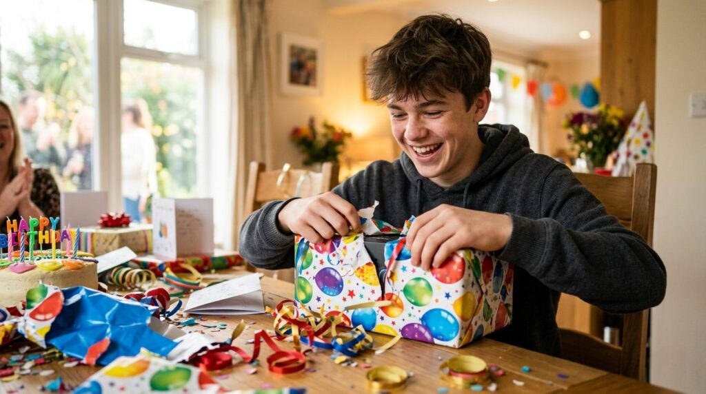 Close-up lifestyle photography of a teenage boy excitedly op