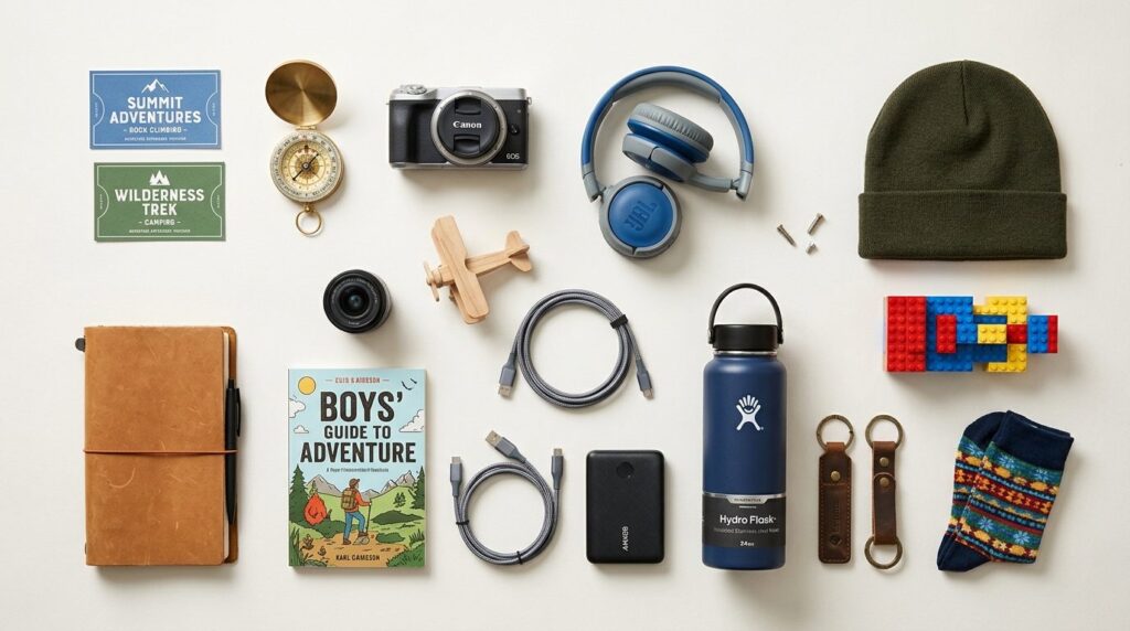 Flat lay photography of curated gift items for boys of all a
