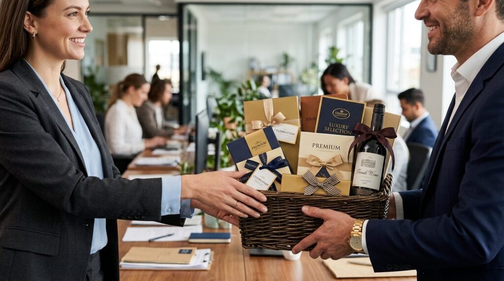 Close-up of hands presenting a sophisticated corporate gift 