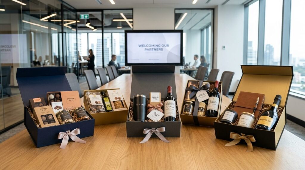 Luxury corporate gift hampers displayed on a modern conferen