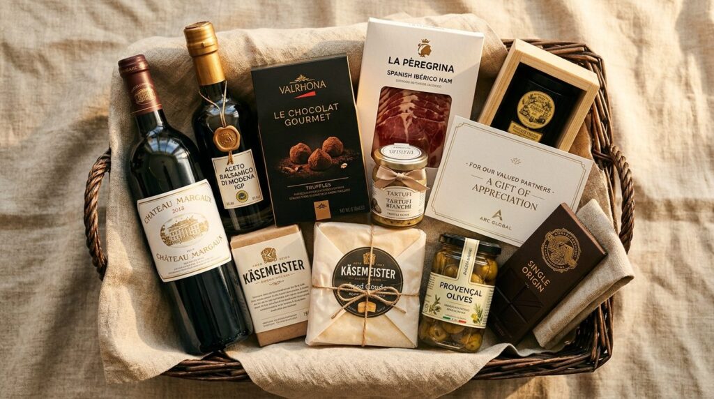 Close-up overhead shot of a curated corporate gift basket co