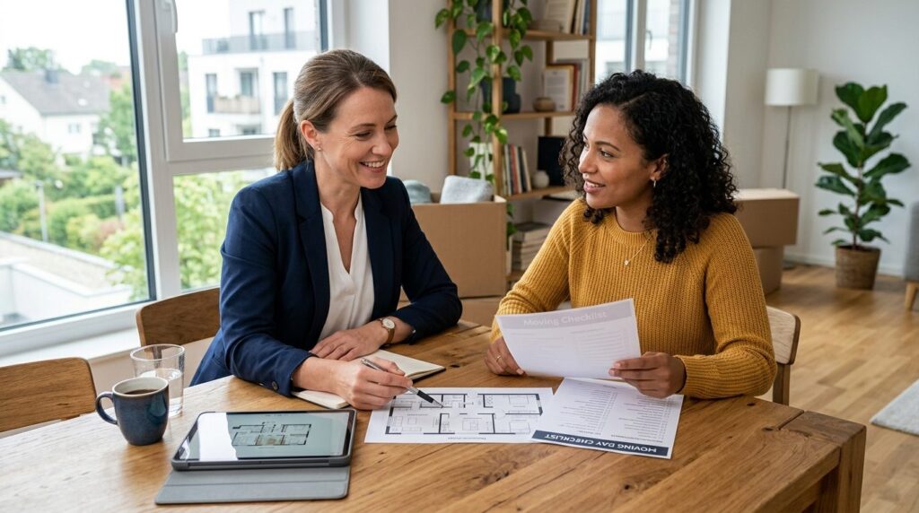 Close-up of a professional moving consultant reviewing movin