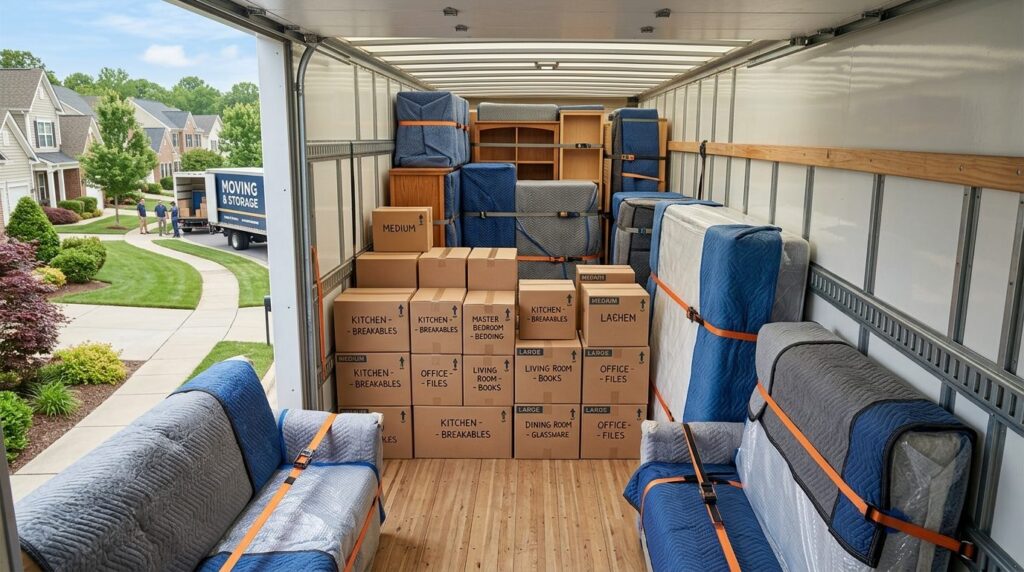 Aerial view of a well-organized residential moving truck int
