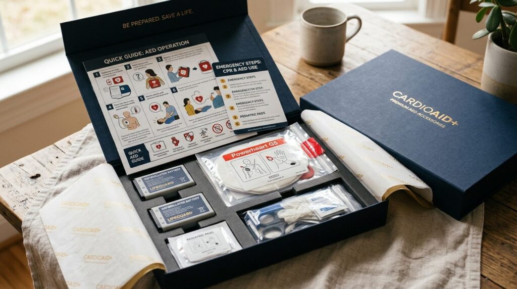Close-up of premium AED accessory gift box opened to reveal