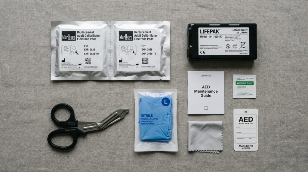 Flat lay composition of defibrillator maintenance kit compon
