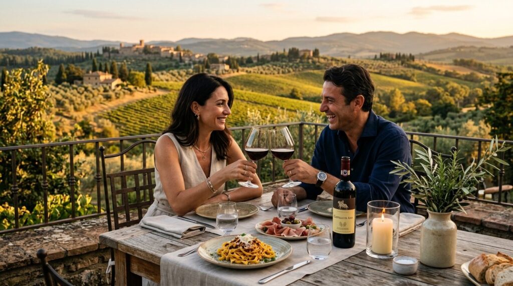 Luxurious table setting at an Italian vineyard restaurant ov