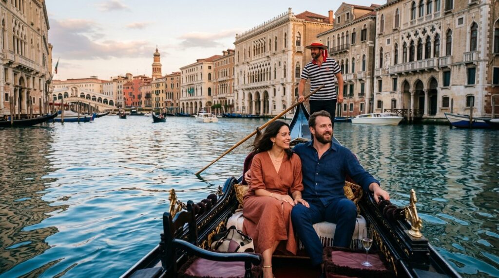 Woman and man exploring Venices Grand Canal on a private go