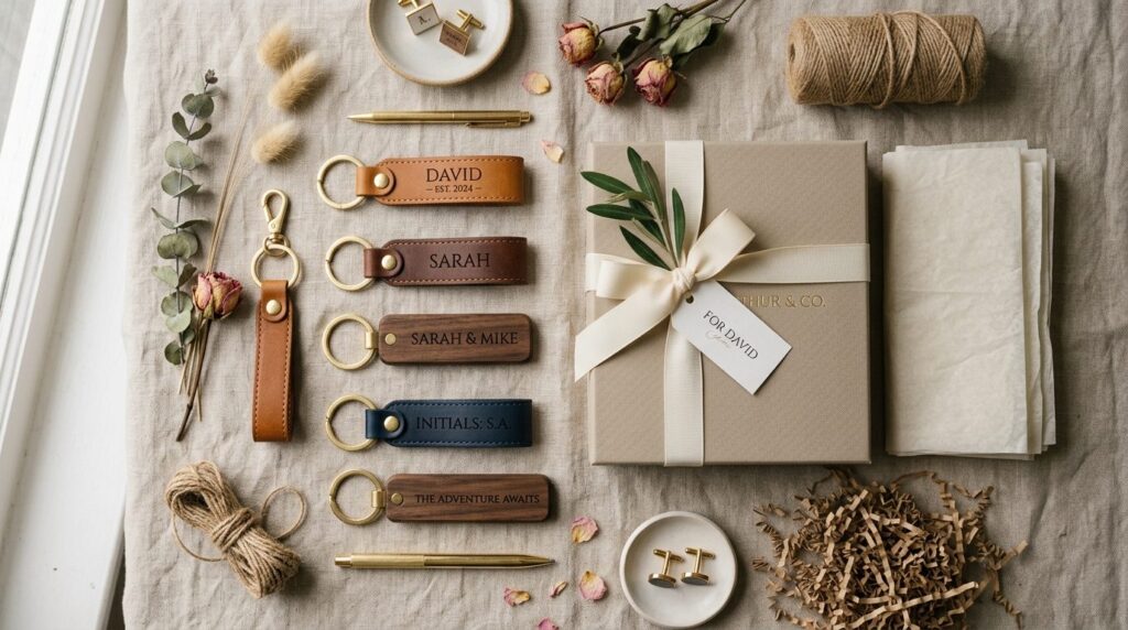 Udvalg af gaver arrangeret fladt med forskellige graverede accessories.
