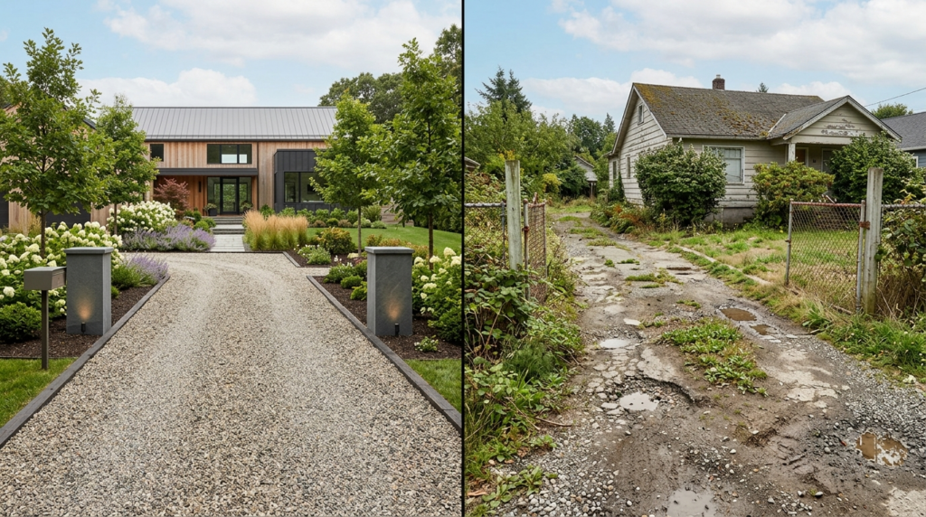 Side-by-side comparison photograph of a well-maintained prem