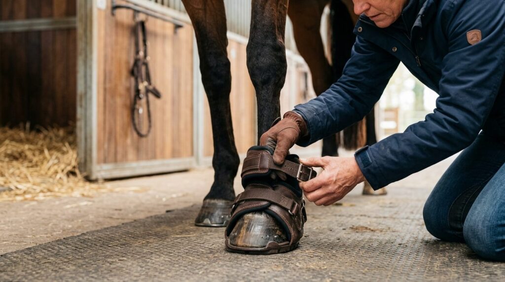 Close-up detail shot of a riders hands adjusting and fasten