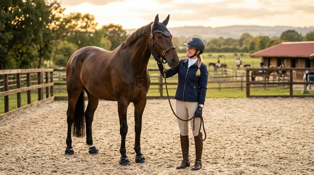 Lifestyle image of a female equestrian in riding gear standi