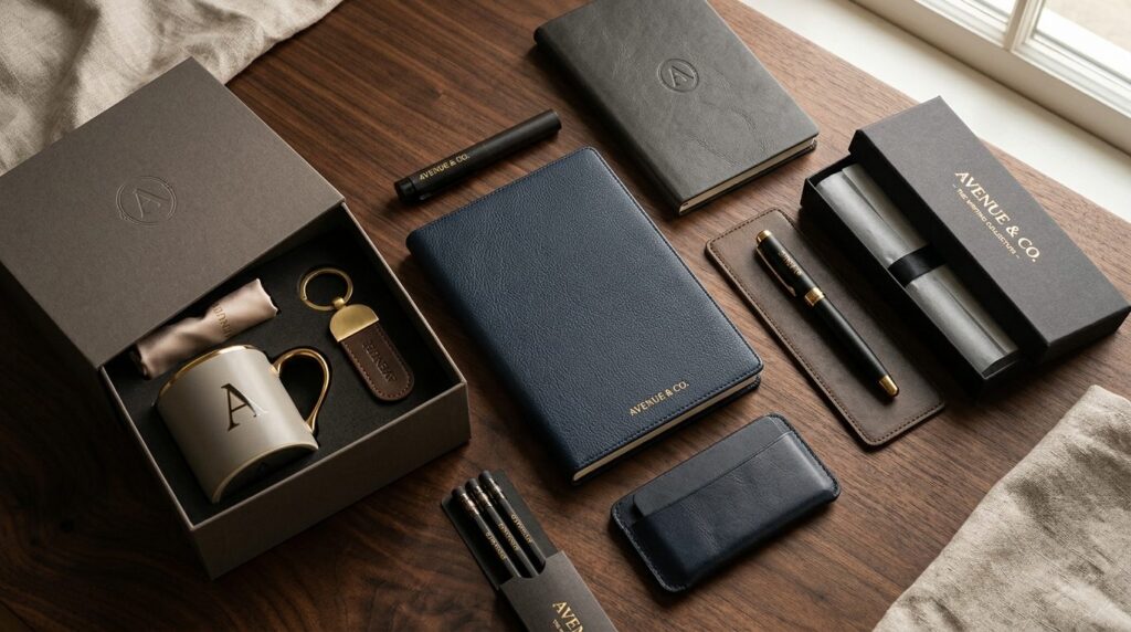 Flat lay of luxury branded merchandise collection on dark wo