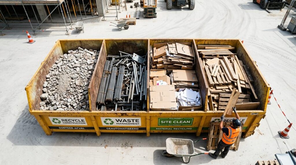 Close-up overhead view of a construction waste container bei
