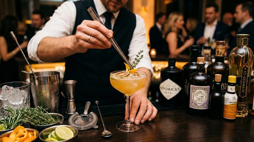 Close-up of a professional bartenders hands skillfully garn