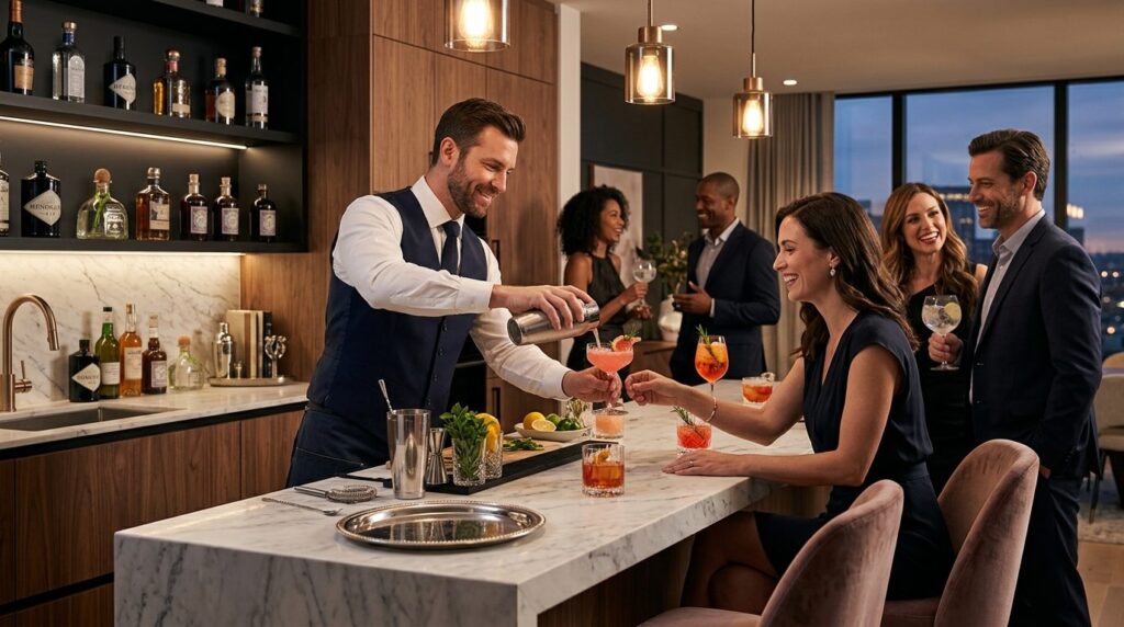 Elegant home bar setup with professional bartender serving c