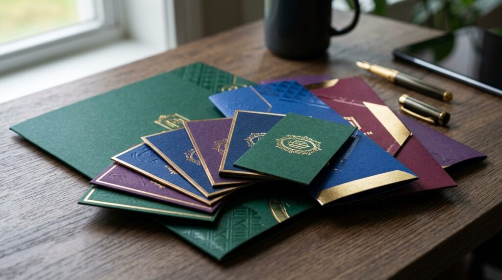 Close-up detail of luxury printed collateral materials inclu