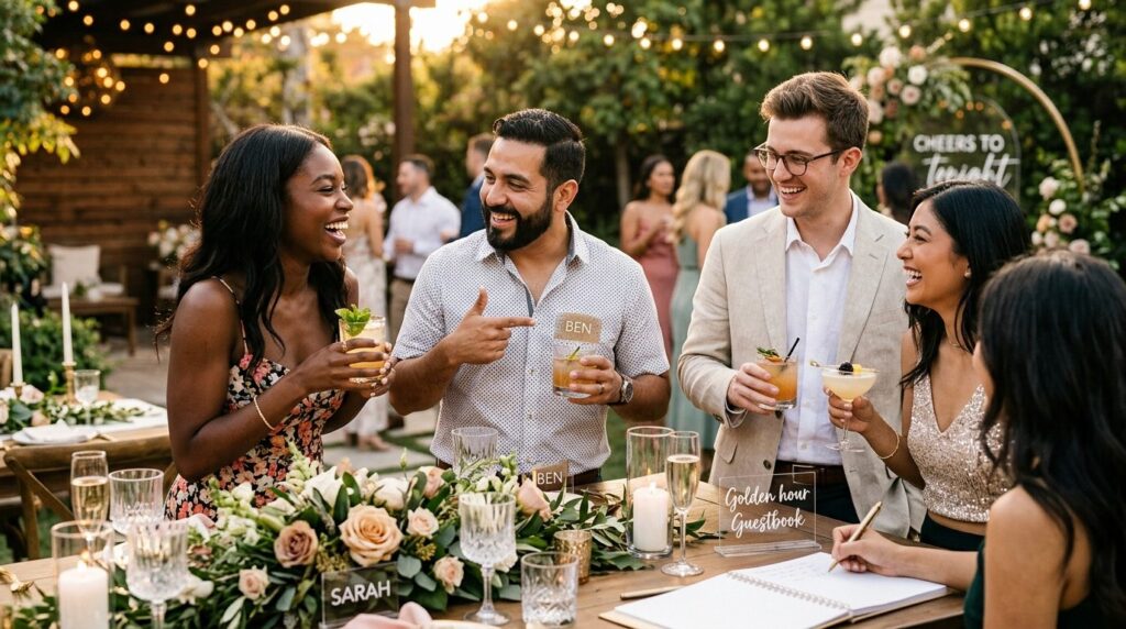 Lifestyle photography of a diverse group of guests enjoying 