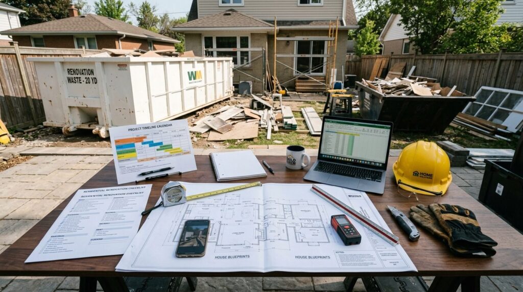 Overhead photorealistic view of an organized renovation proj