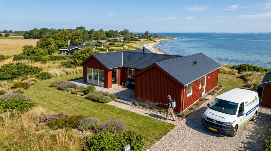 Aerial view of a charming coastal holiday home in Funen with