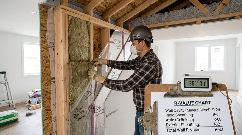 Photorealistic image of a residential wall cross-section dia