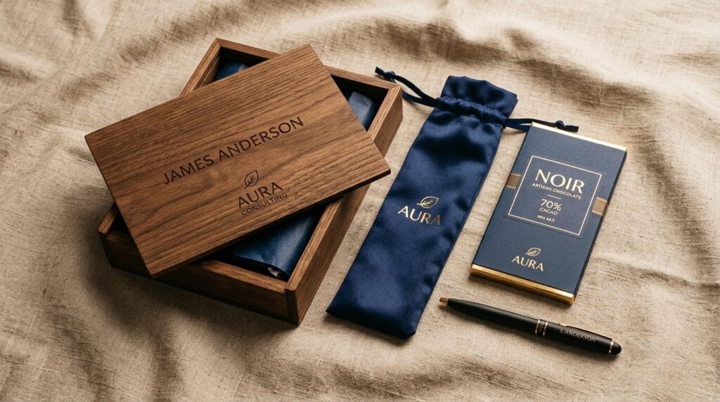 Close-up flat lay of thoughtfully selected corporate gifts a
