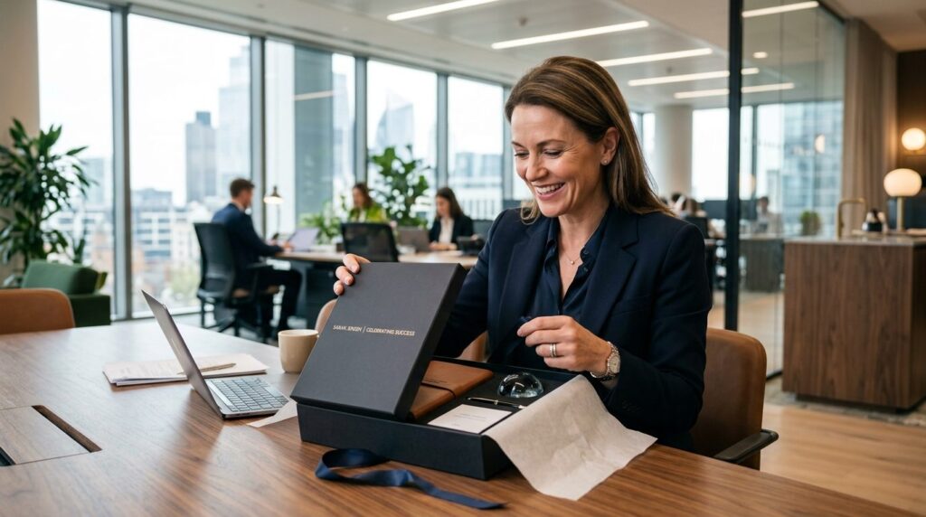 Business executive unwrapping a premium personalized gift bo