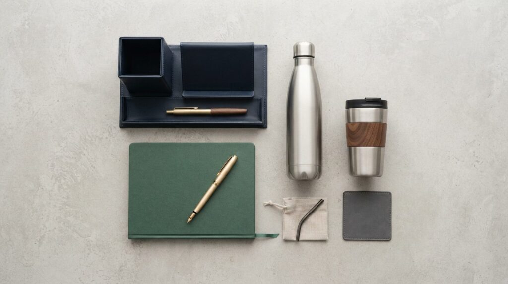 Flatlay composition of premium corporate gift items on a lig